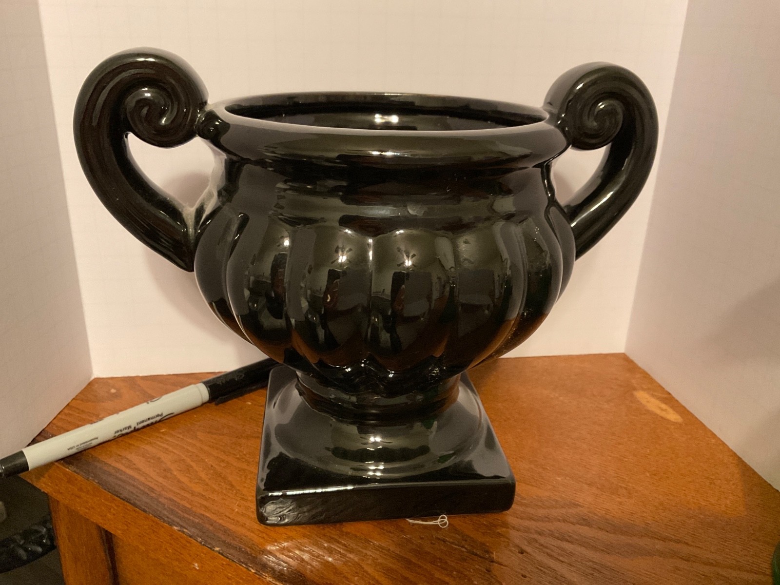 Vtg Black Ceramic Art Deco  Trophy Style Planter Vase