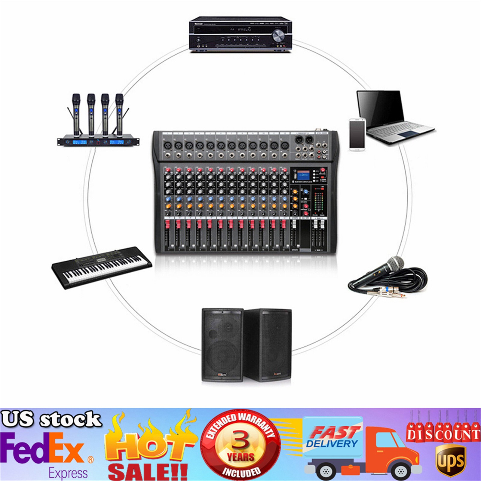 12 Channel Audio Mixer Bluetooth USB DJ Sound Mixing Console Amplifier Studio