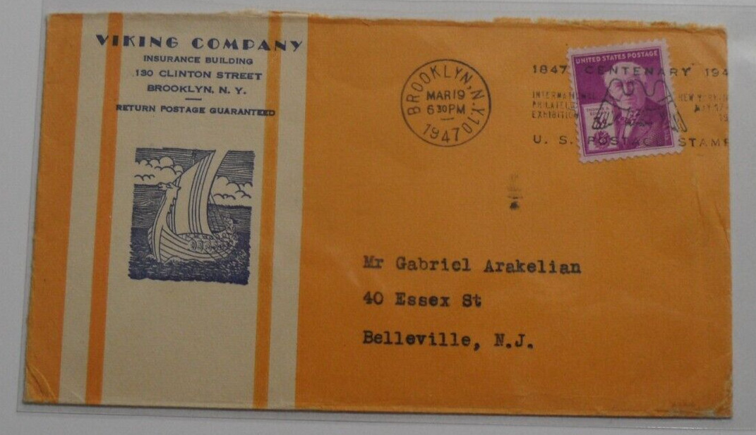 STAMPMART : USA 1947 BROOKLYN NY VIKING COMPANY CENTENARY POSTMARK COVER TO NJ