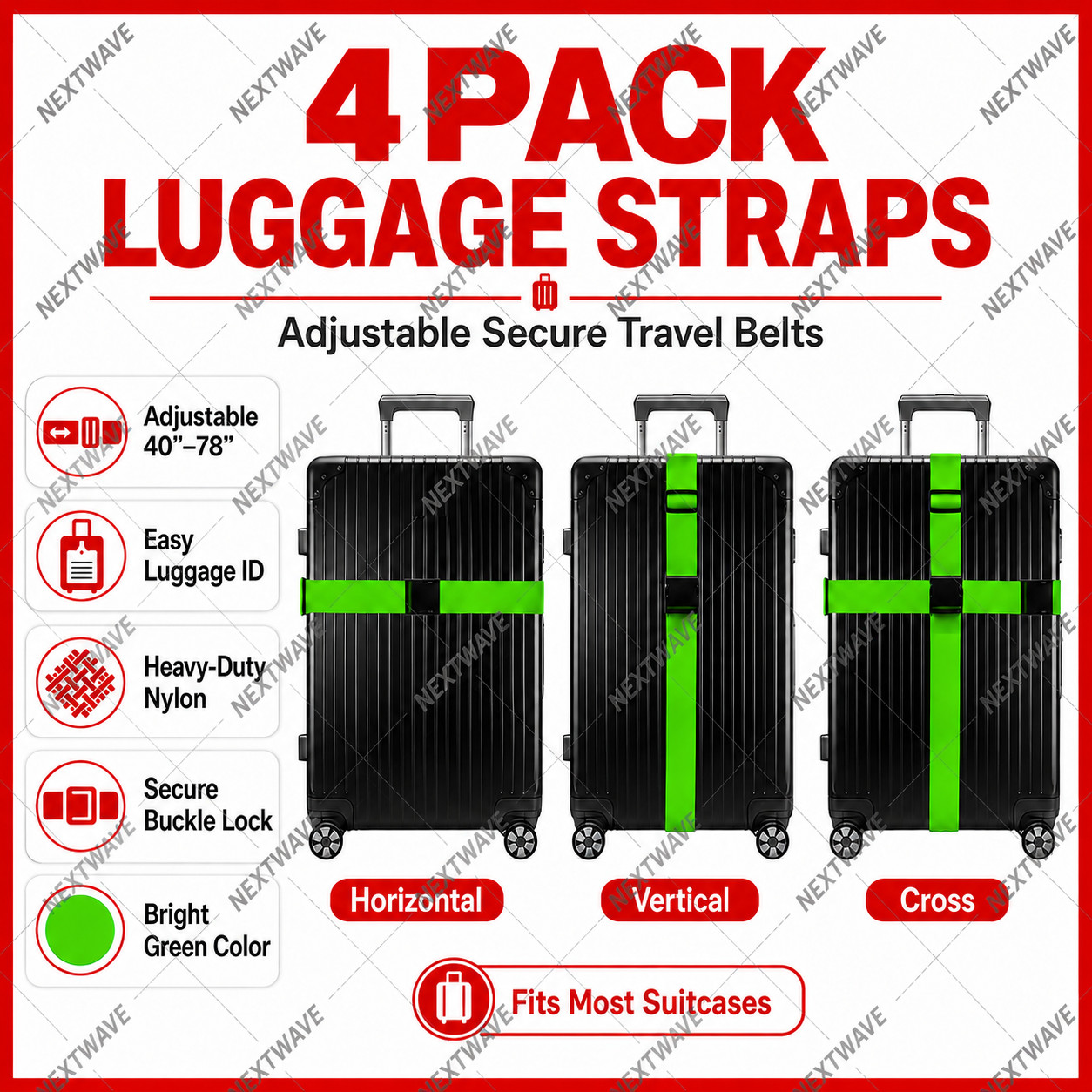 4 Pack Travel Luggage Suitcase Strap Adjustable Durable Belt with Name Card Tag