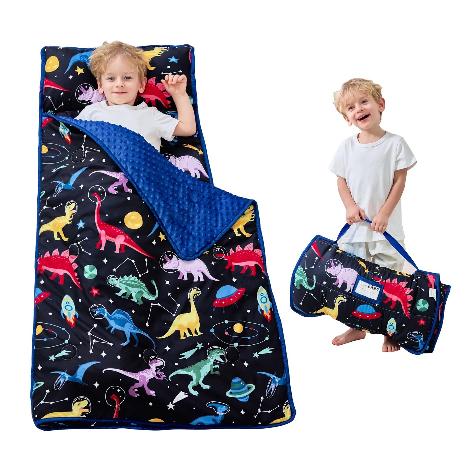 Lasoftan Toddler Nap Mat with Pillow and Blanket, 50 x 20", Space Dinosaur