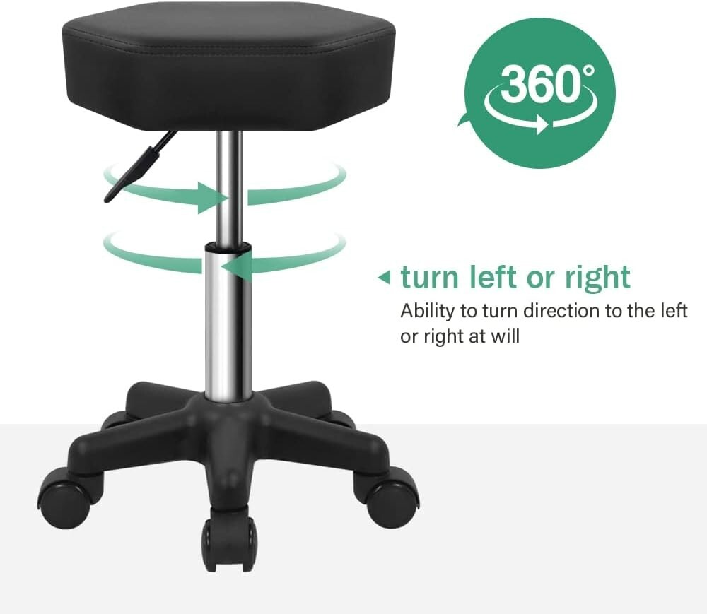 Height Adjustable Hexagon Rolling Stool for Spa & Salon - Modern Black Design