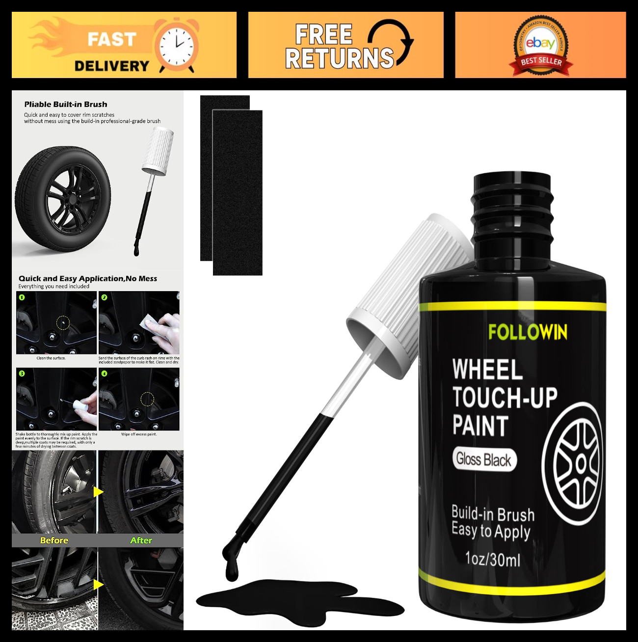 Gloss Black Rim Touch Up Paint - Wheel Repair Kit for Curb Rash & Scratches 1OZ