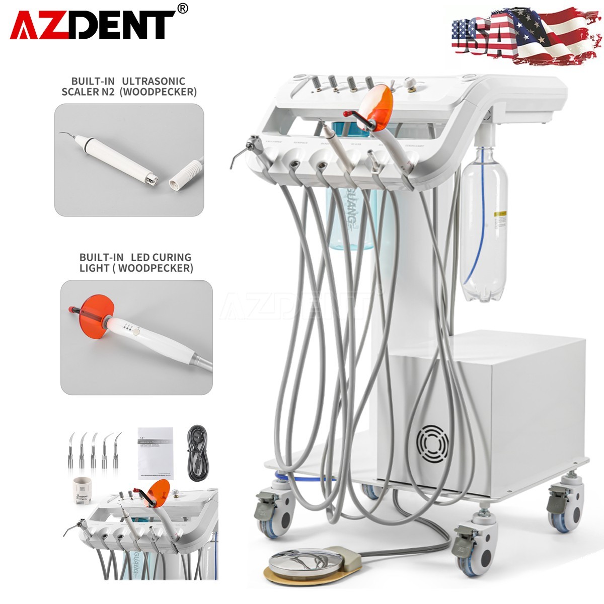 Dental Portable Delivery Unit System Suction Air Compressor Cart Motor 4 Hole