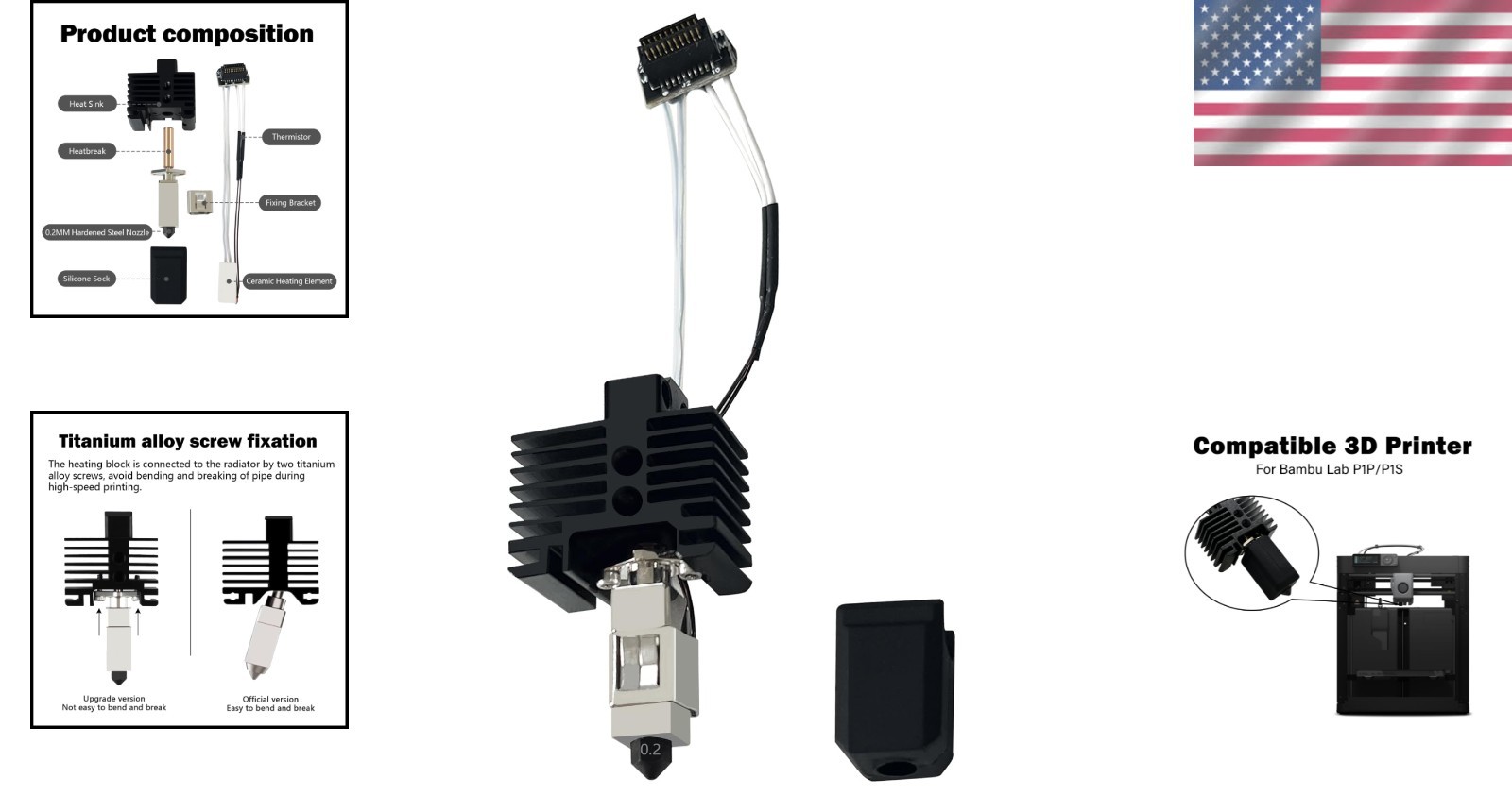 Hotend 0.2mm Ceramic Extruder Printhead Kit for P1P P1S 3D Printer Replacement