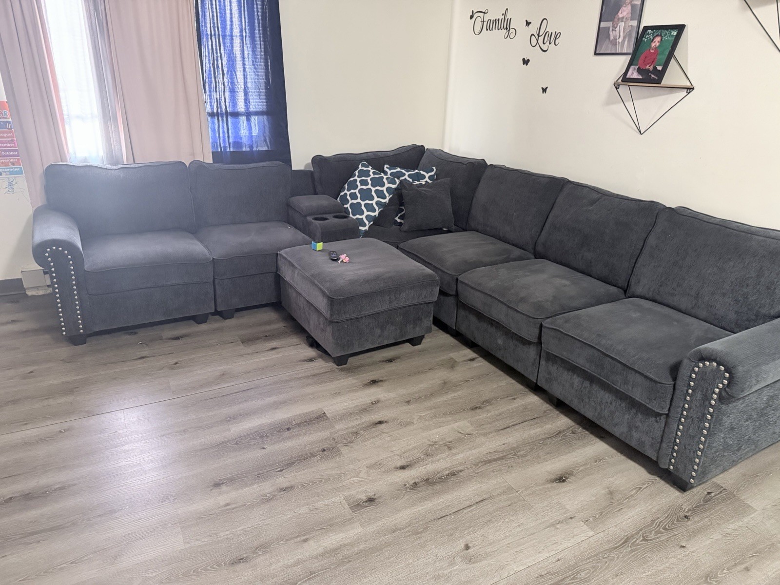 Gray Solid Sectional Sofa with Cup Holder Console, Nailhead Trim, Ottoman