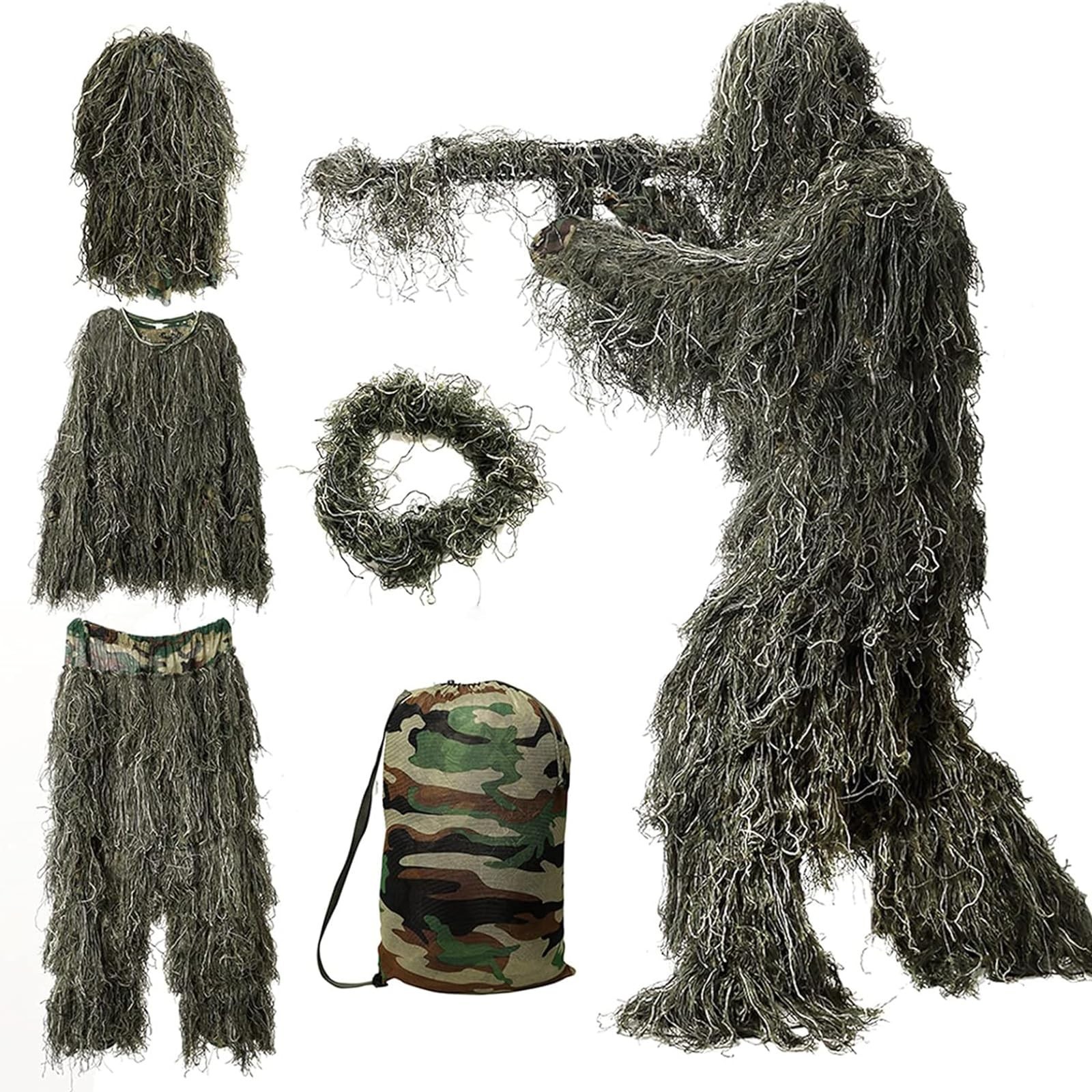 5-In-1 Ghillie Suit, 3D Camouflage Hunting Suits | Full Body Camo Suit Includ...