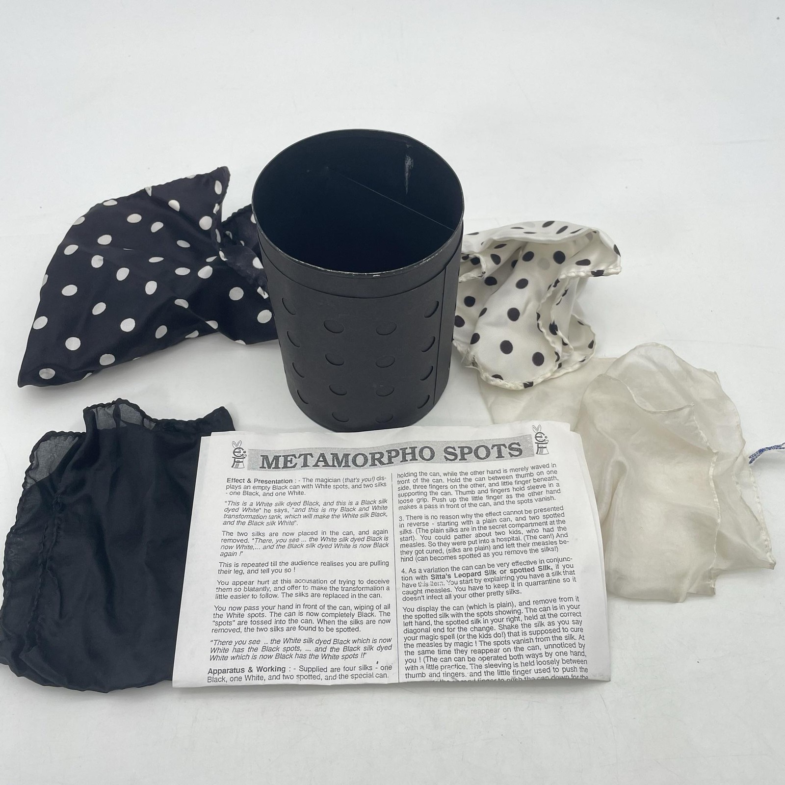 Metamorpho Spots Magic Trick Can With Black White Polka Dot Silk Scarves Set
