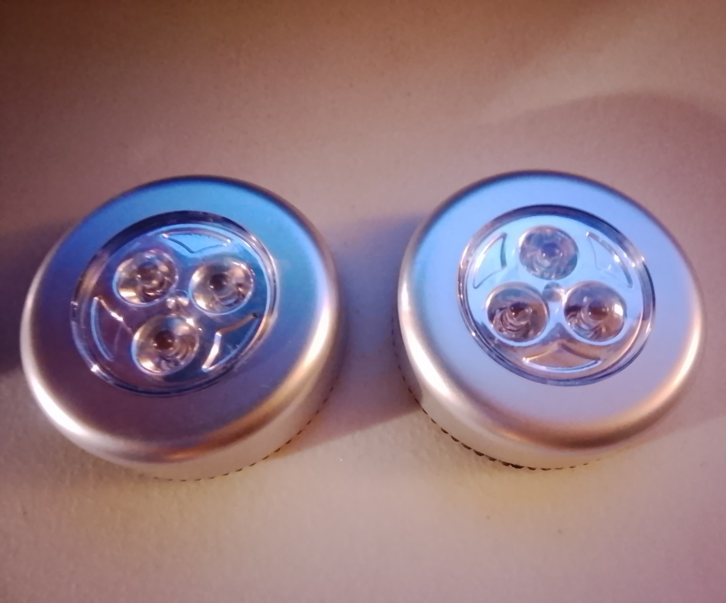 Silver 3-LED Battery Powered Cordless Push Tap Puck Work Light, 2 Pack