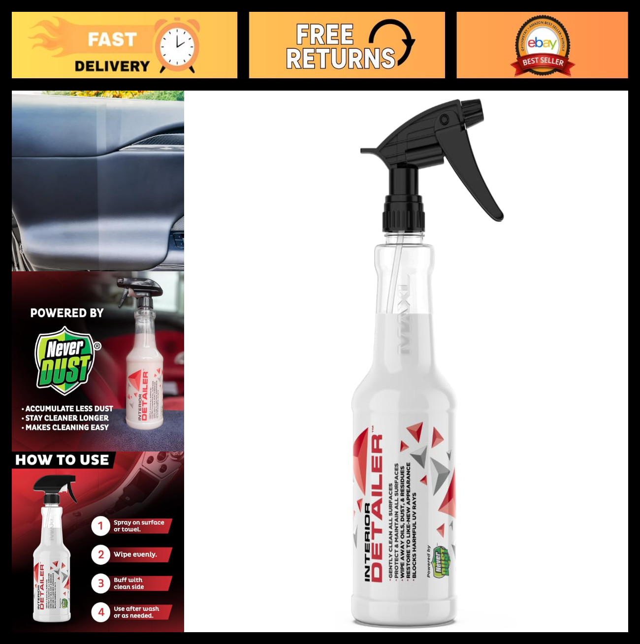 Interior Car Cleaner Spray - 20oz Detailer with Dust Repellent, Oil Wipe & Matte