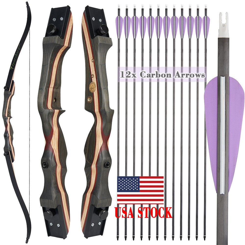 20-50lbs 62" Archery Takedown Recurve Bow Longbow 12x Carbon Arrows Hunting