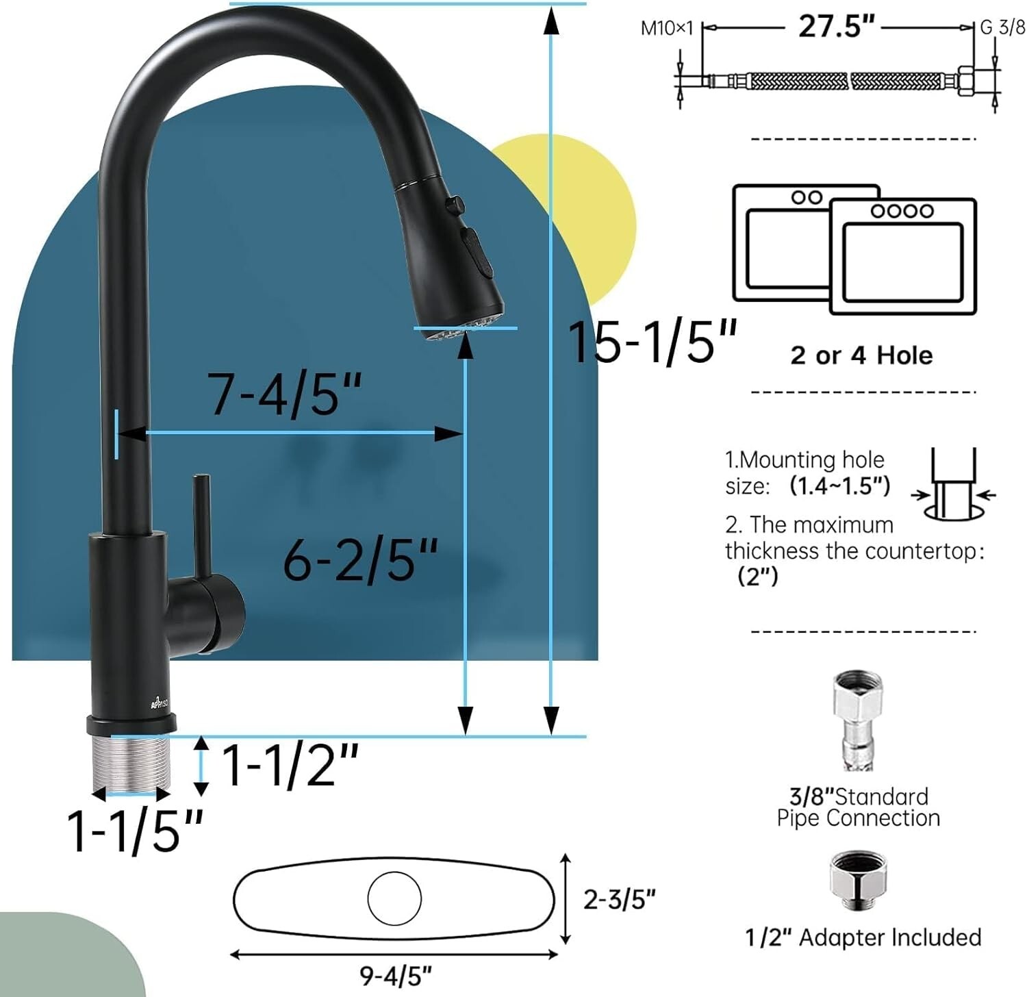 Pull Down Sprayer Kitchen Faucet with 10''Deck Plate &Soap Dispenser Matte Black