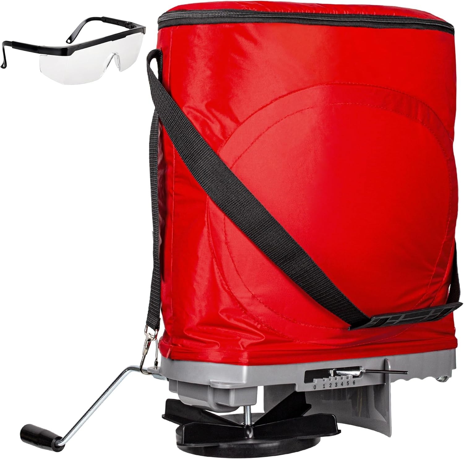 Effortless Lawn Care: 25lb Handheld Seed Spreader with Flow Control & Goggles