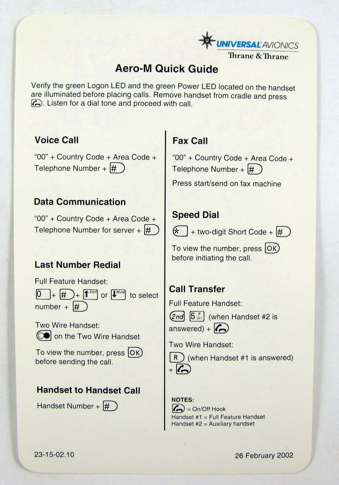 Universal Avionics TT-3000 Aero-M User Manual with Quick Guide NOS 2002