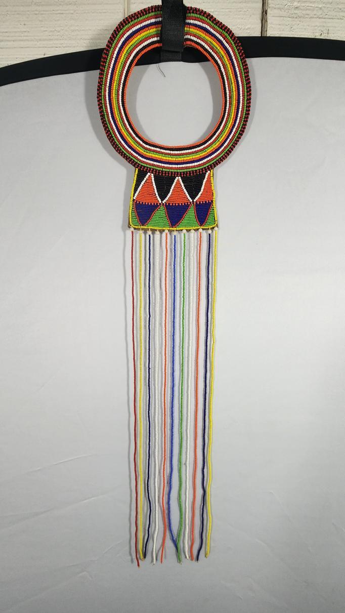 Maasai Tribal Beaded Leather Bib Collar Necklace - 8 1/4 x 5 1/4 in, Vintage