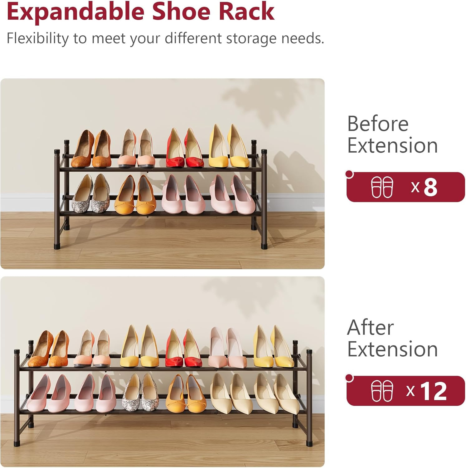 2 Tier Expandable Shoe Rack for Closet, 28“-41“Adjustable & Stackable Shoe Shelf