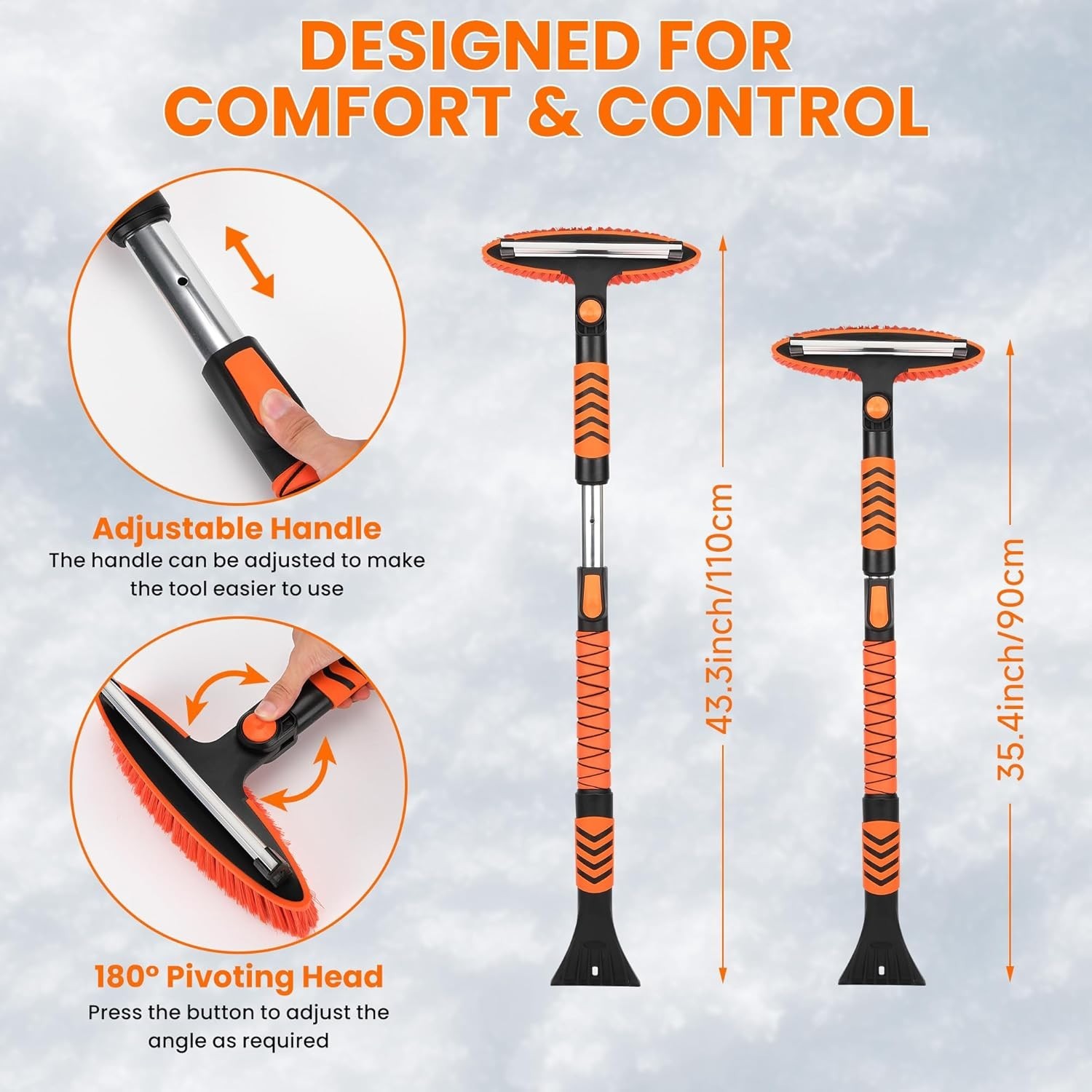3-in-1 Car Snow Brush Ice Scraper Squeegee 43" Extendable 180 Pivot Windshield