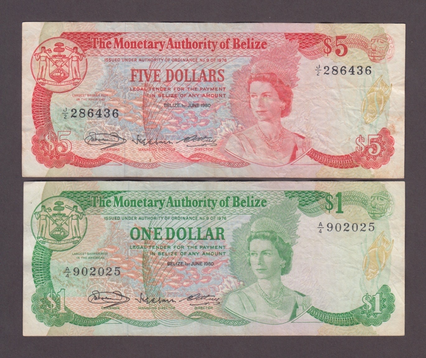 BELIZE P.38-39  1+5 DOLLARS 1980 QE II  VF WE COMBINE  2602