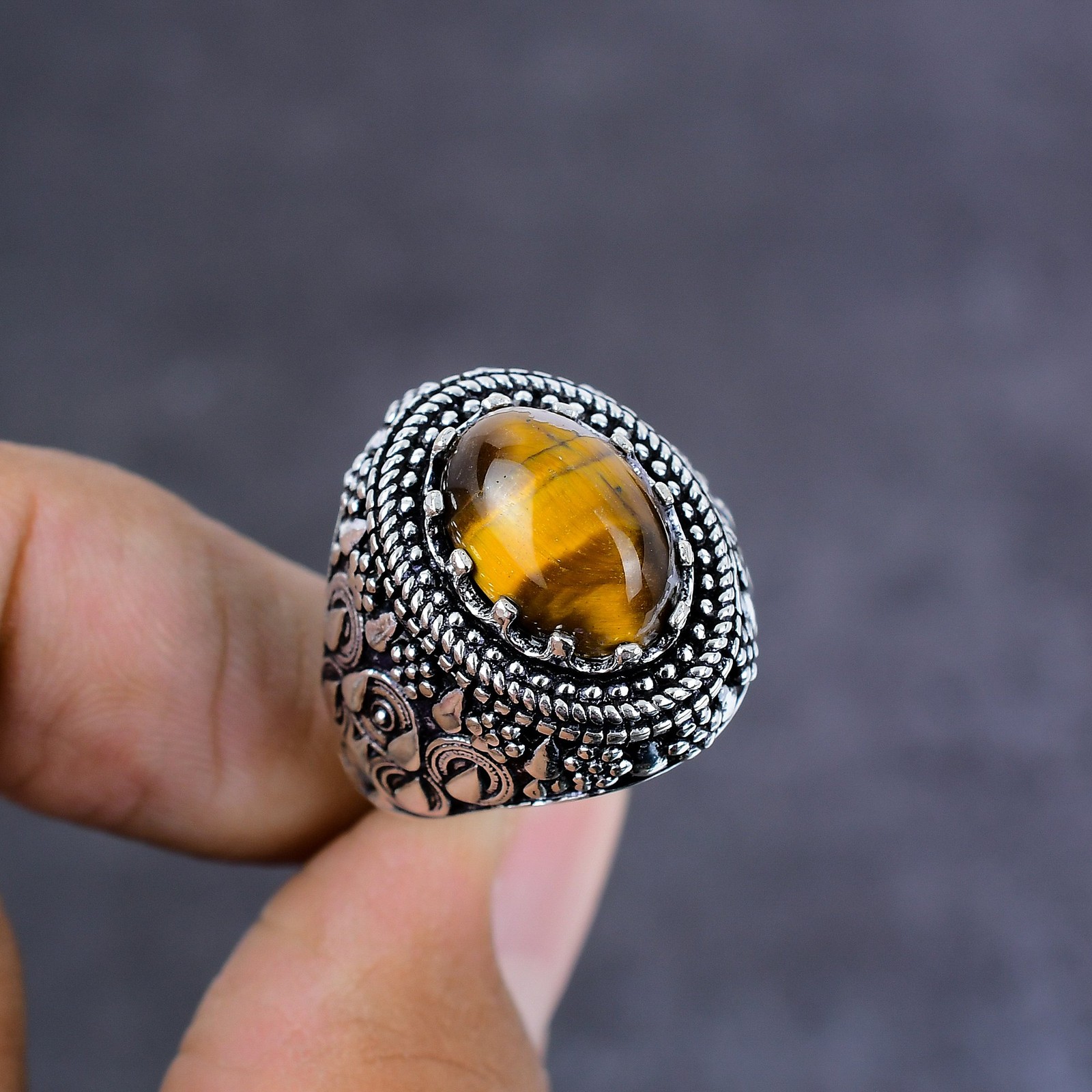 Natural Tiger Eye Gemstone Handmade 925 Sterling Silver Jewelry Ring Size 9 a873
