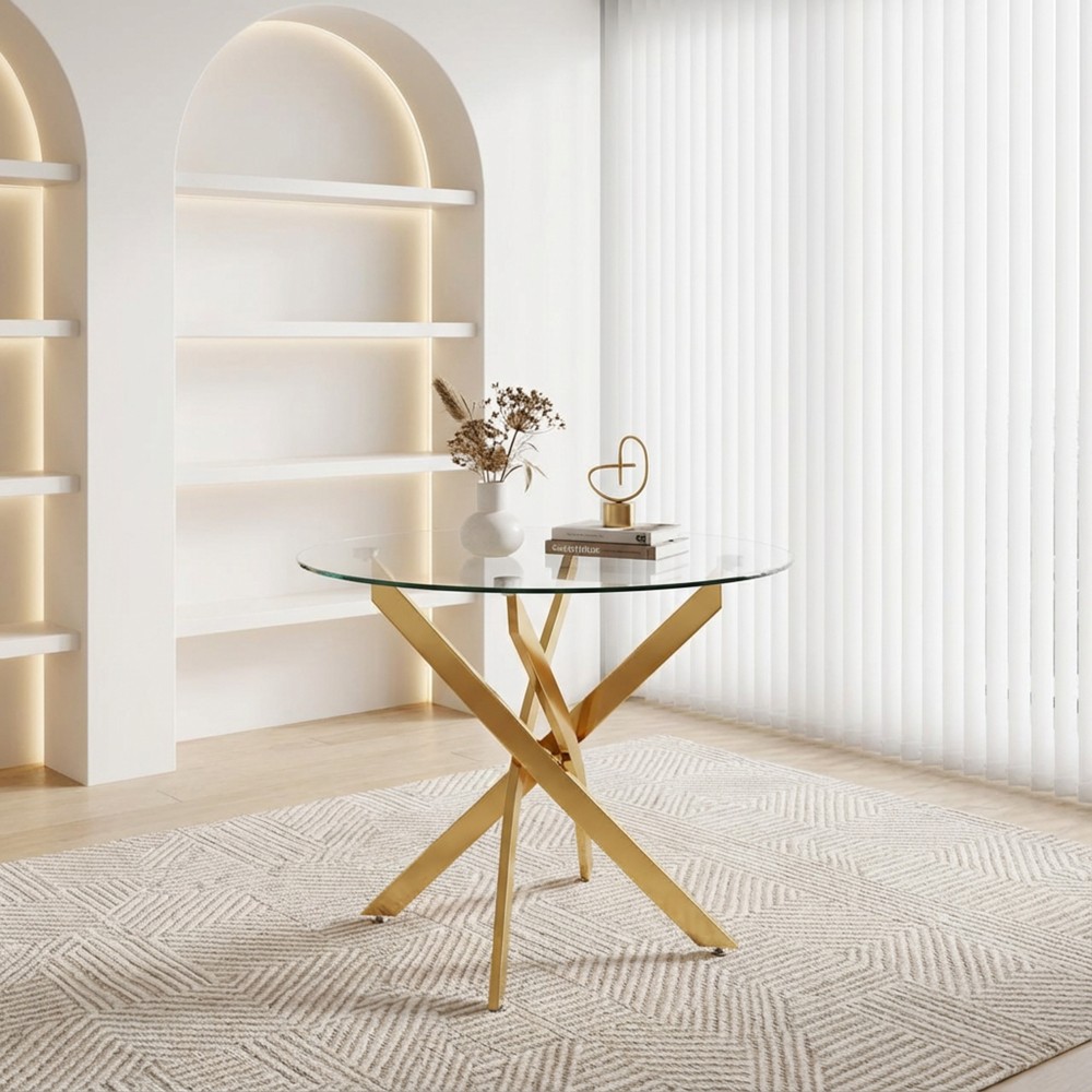 Round Dining Table 35.5" Glass Dining Table with Gold Legs Modern Kitchen Table