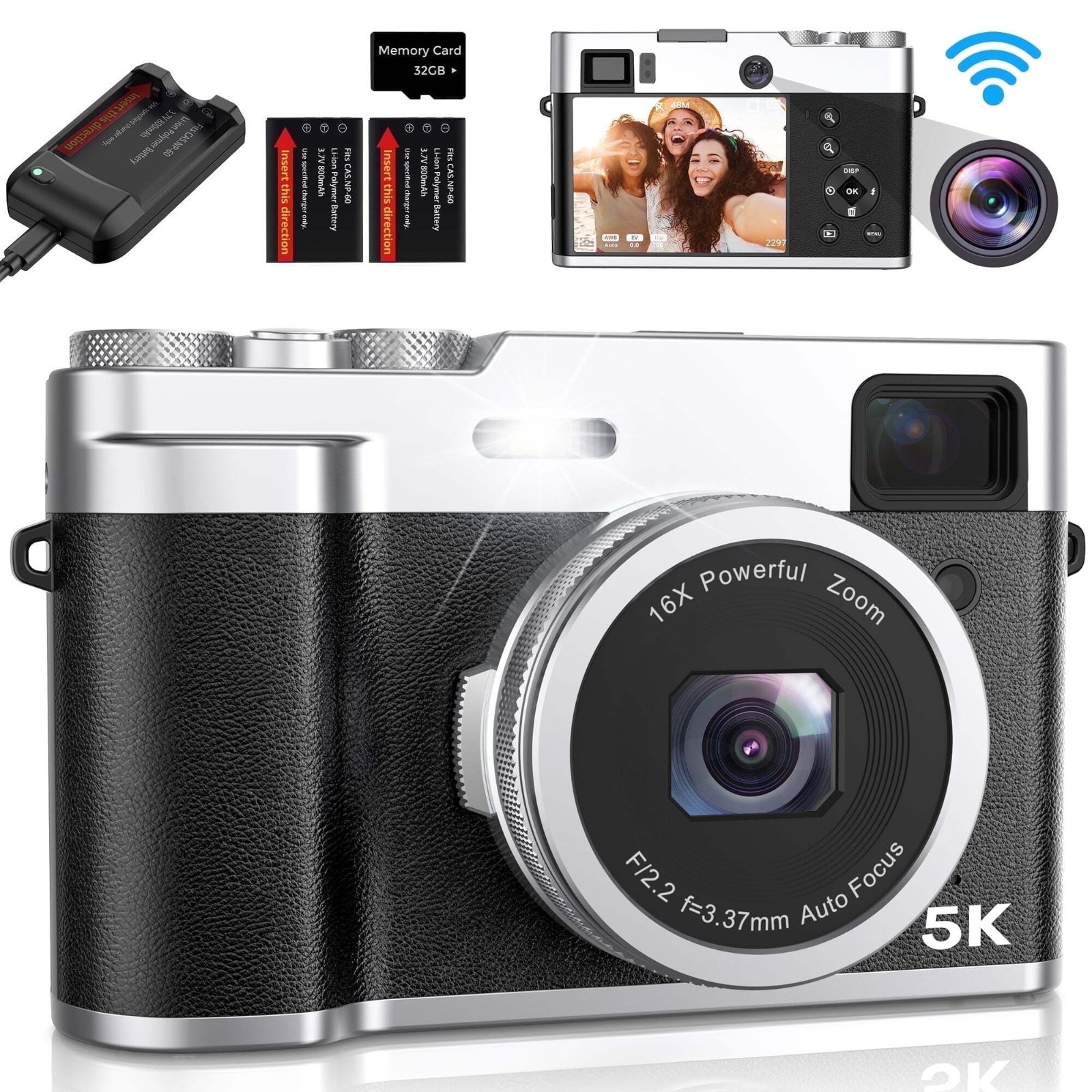 5K Digital Camera for Photography Autofocus 48MP Dual Lens 18X 32GB