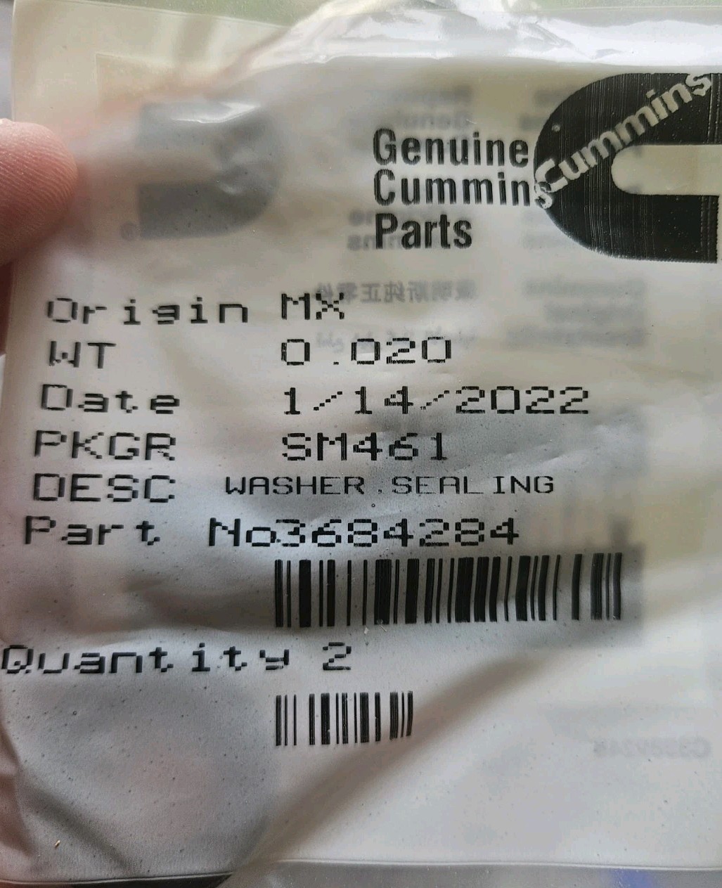 PACK OF 2 CUMMINS 3684284 SEALING WASHER OEM NOS 3684284 FREE SHIPPING