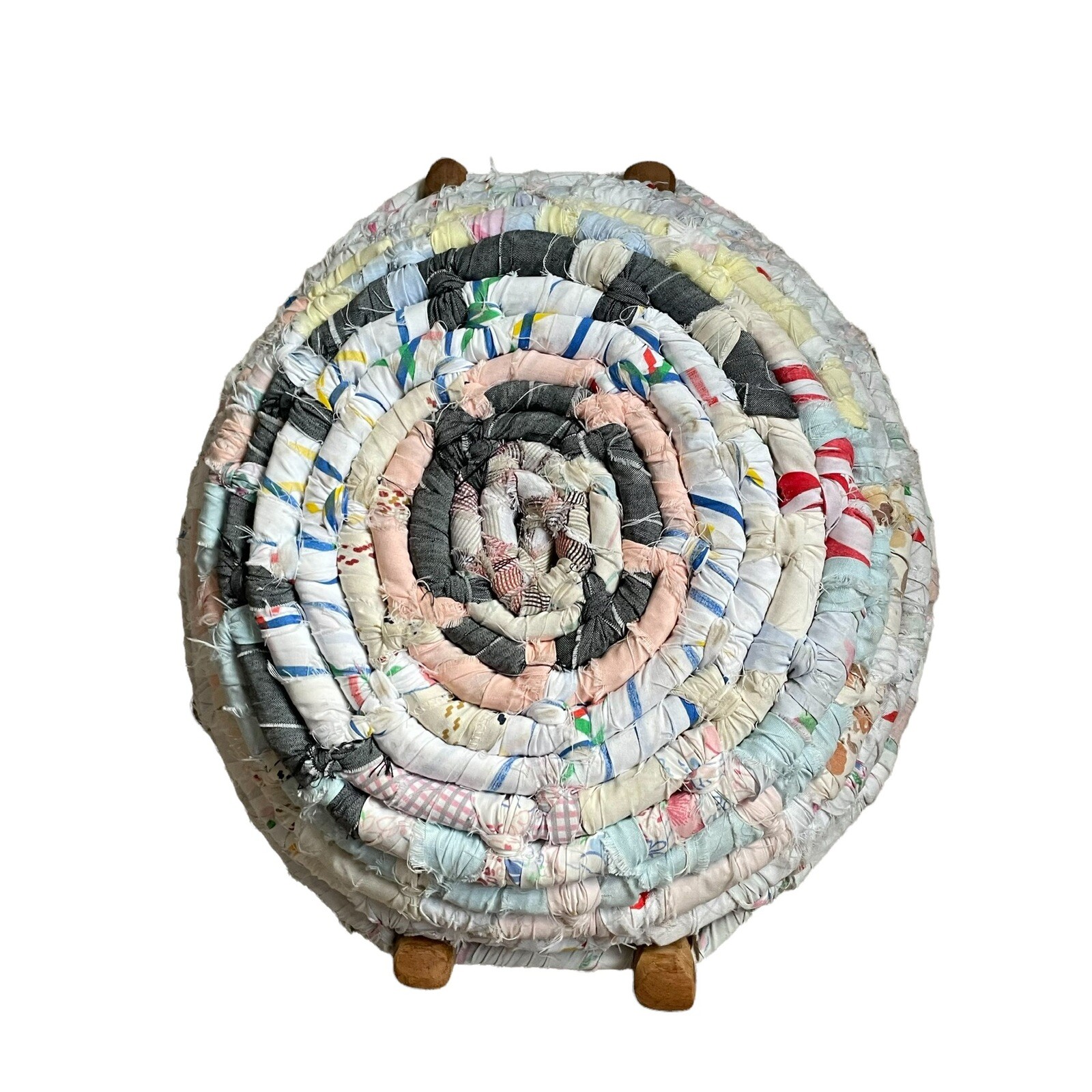 Vtg Coiled Cotton Basket Fabric Hand Woven Pastel Farmhouse 20 3/4 x 16 x 5 3/4