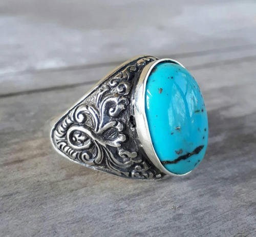 Solid 925 Sterling Silver Natural Arizona Turquoise Gemstone Men's Unisex Ring