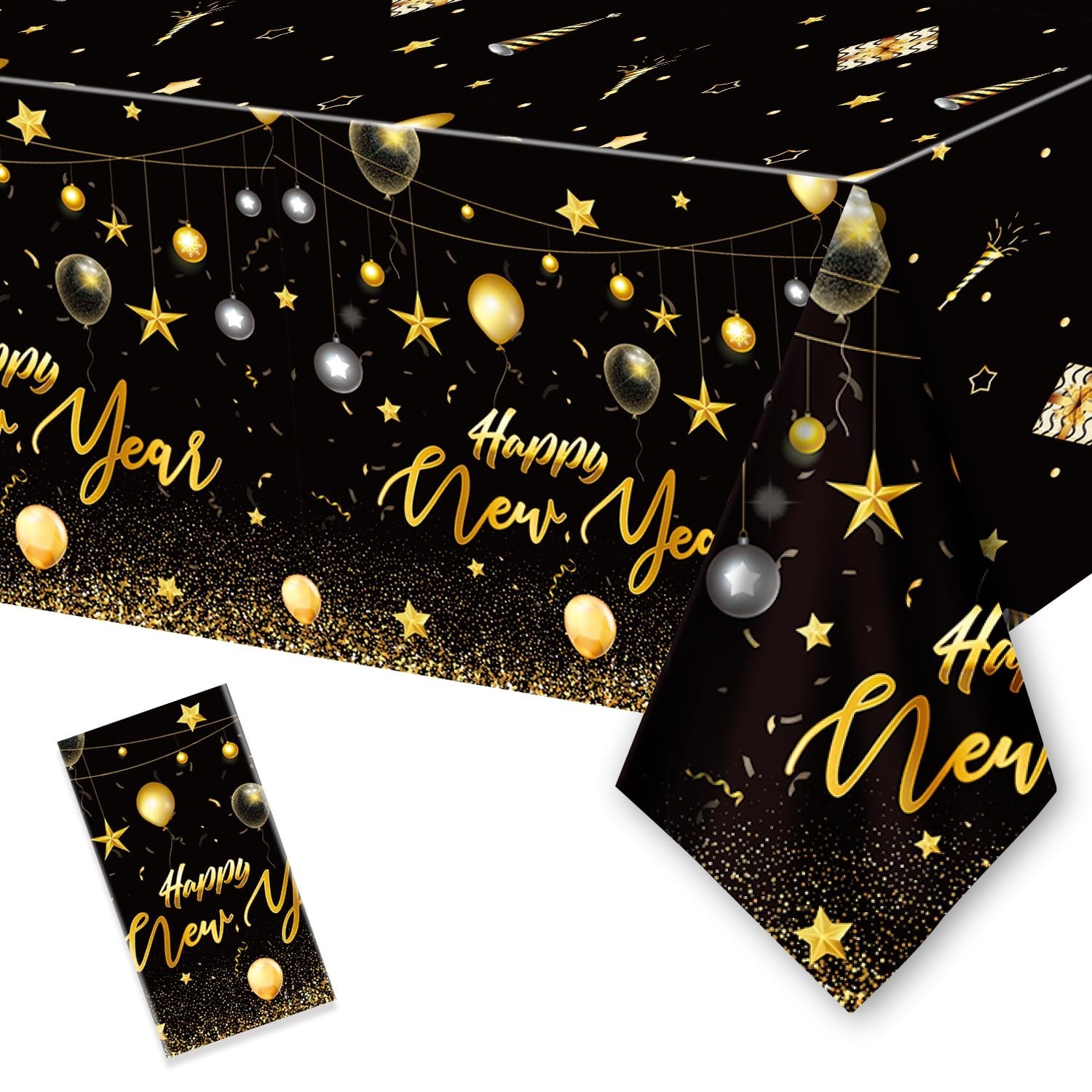 PARSUP 1PC Happy New Year Tablecloth - Disposable Black Gold NYE Theme Party ...