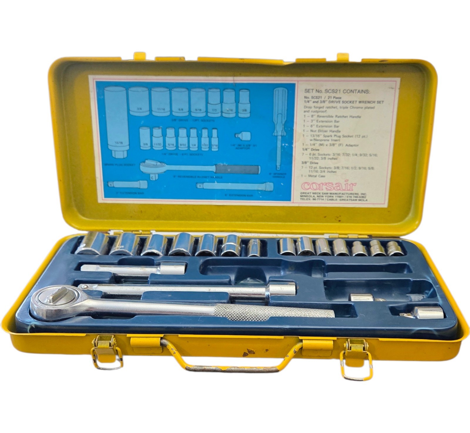 Vintage 19 Piece Corsair Ratchet Socket Set with Metal Case Set SCS21