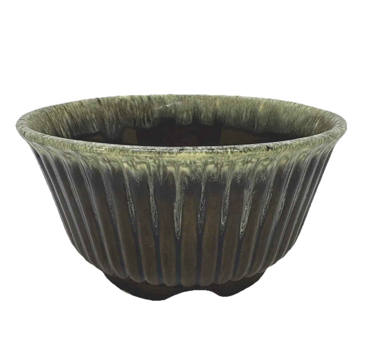 Vintage Hull USA F10 Pottery 6.5" Ribbed Drip Glaze Footed Planter