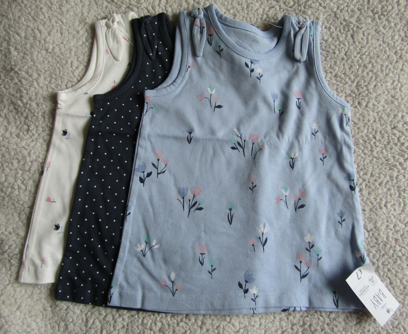 Girls Bow Shoulder Sleeveless Vest Tops 3 Pack Age 9-12 Months Brand New WL