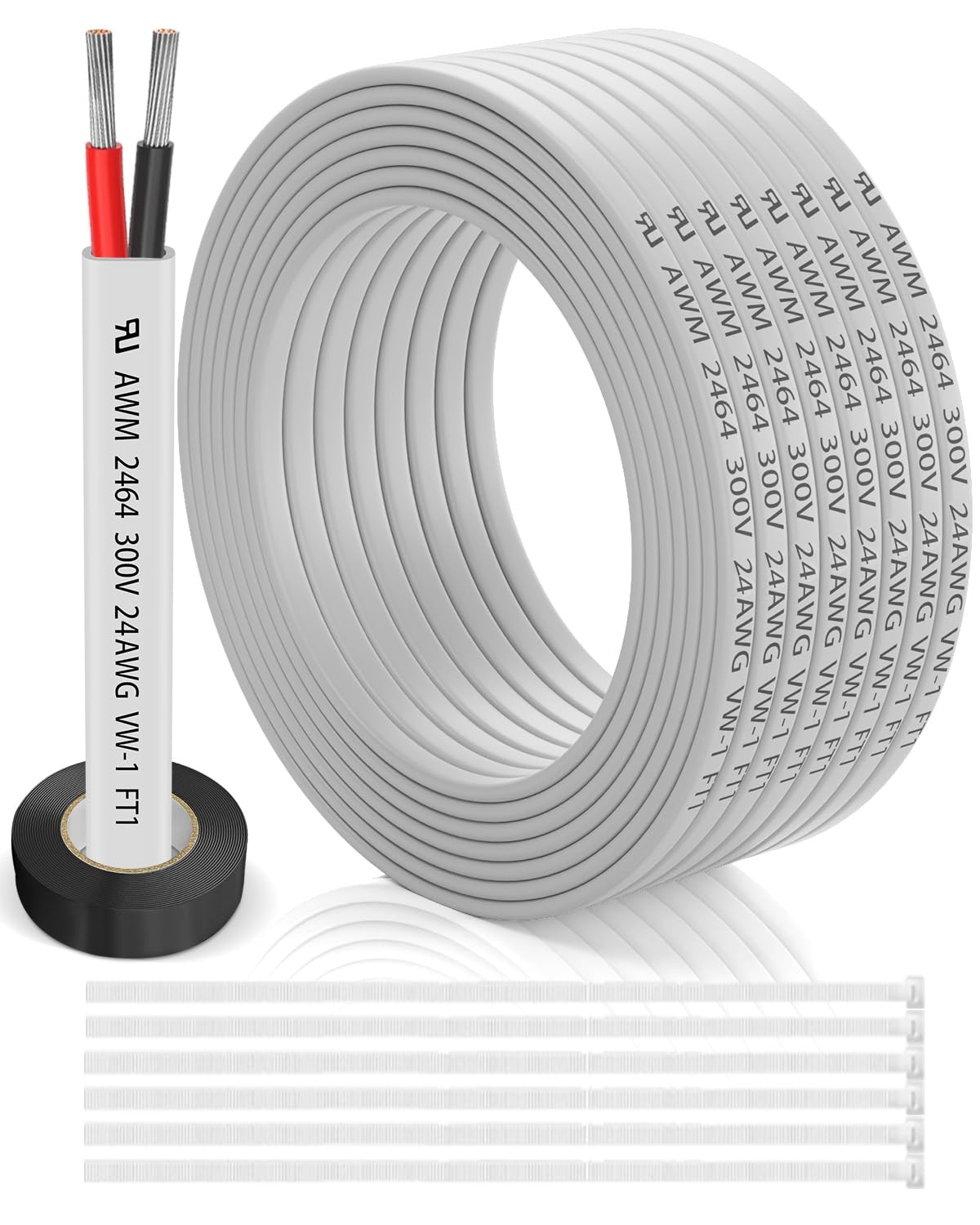 24 Gauge Wire 2 Conductor Electrical 30FT, 24 AWG Flat 2 White