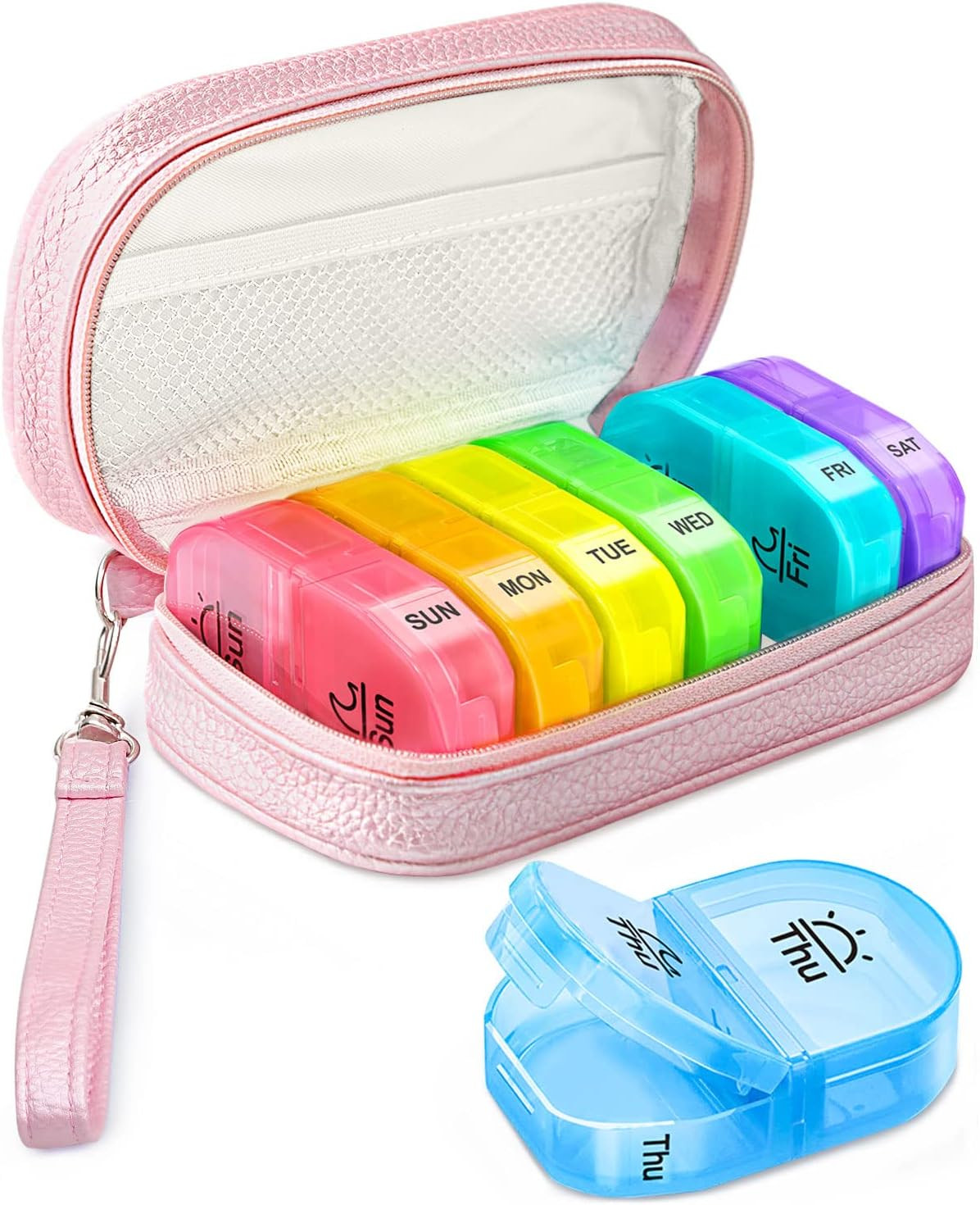 Cute Pill Organizer 2 Times a Day, PU Leather Pill Case for Women, Portable Week