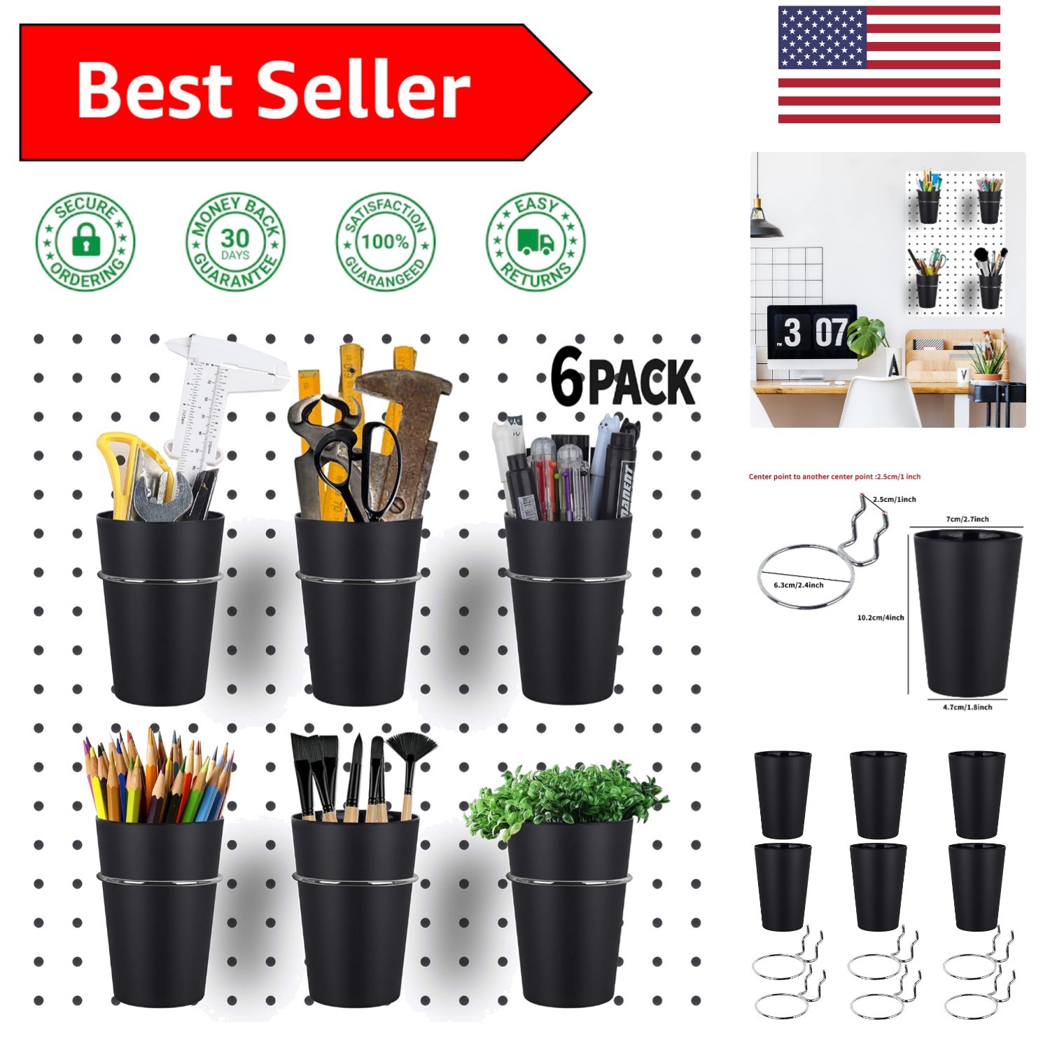 6 Ring Style Pegboard Hooks Set with Black Cups, Stainless Steel & Easy Install
