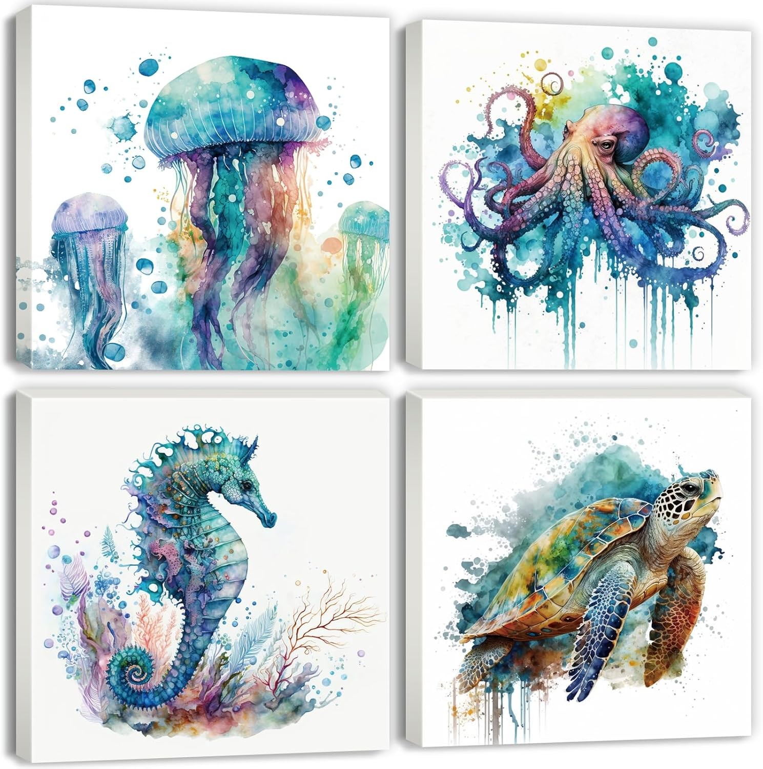 Watercolor Octopus Seaturtle Seahorse Jellyfish Wall Art 12x12in, sea animals