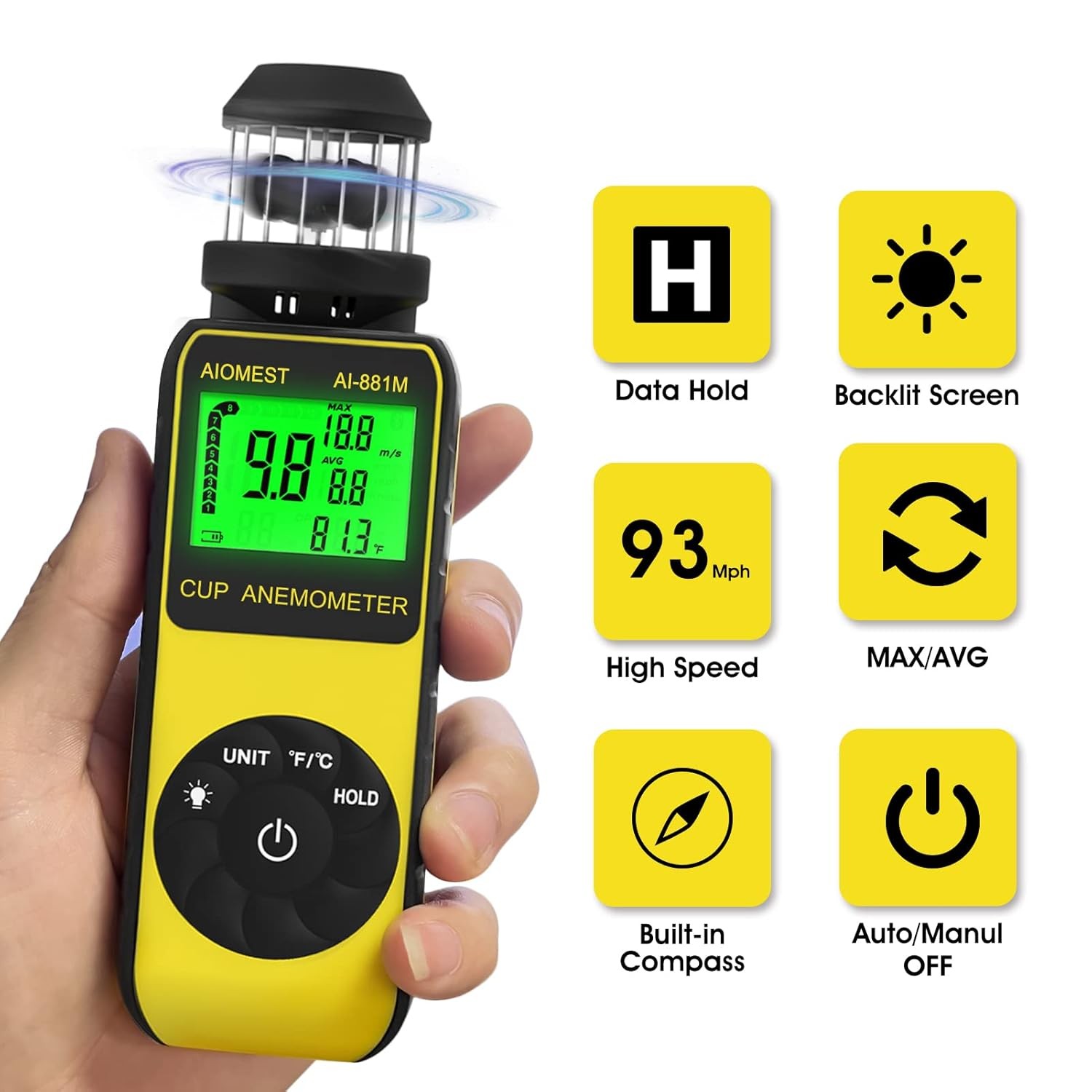 Digital Cup Anemometer Handheld Wind Speed Meter Air Flow Gauge 42m/s Wind Temp
