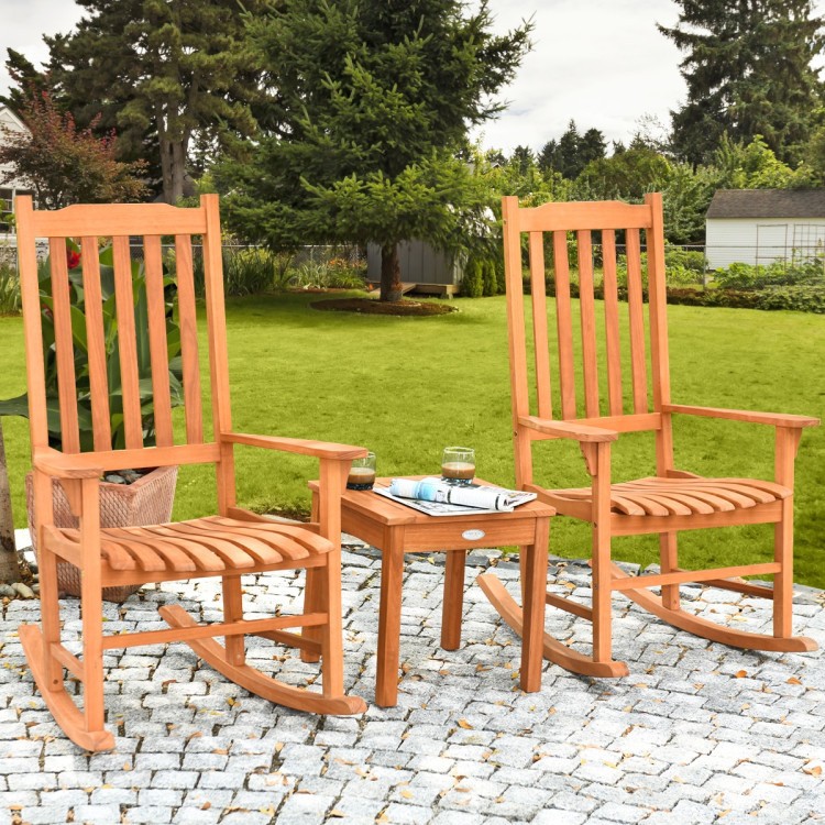 Natural Eucalyptus 3-Piece Patio Set: Rockers 33x28.5x45in + Table 18in