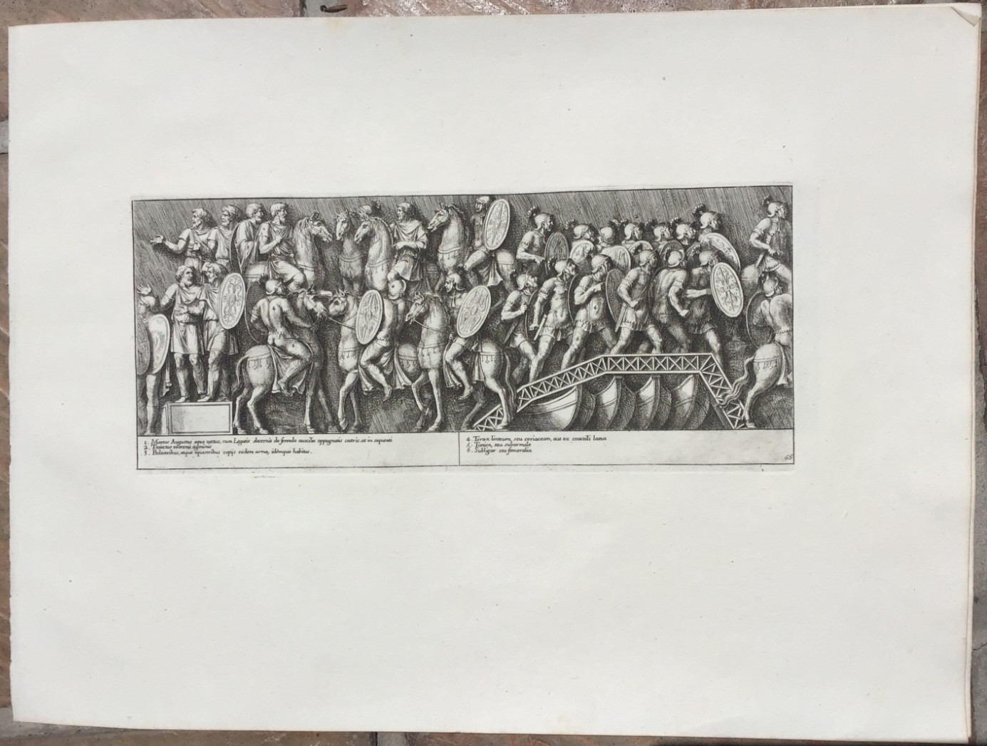1704 Bartoli/ Bellori Engraving - Marcus Aurelius Column, Rome - River Crossing