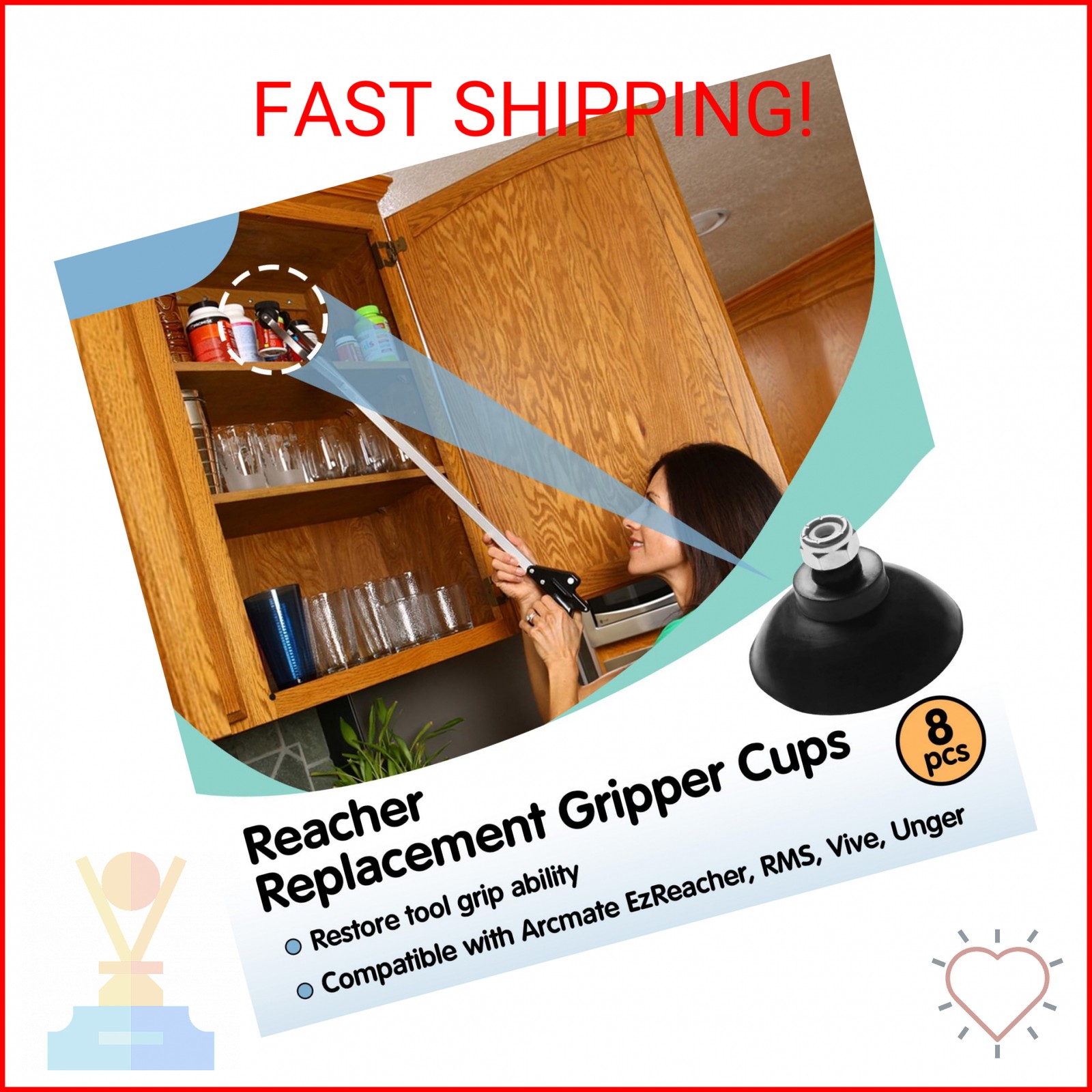 8 Pcs Replacement Gripper Cups Compatible with Arcmate EZ Reacher Accessory Tips