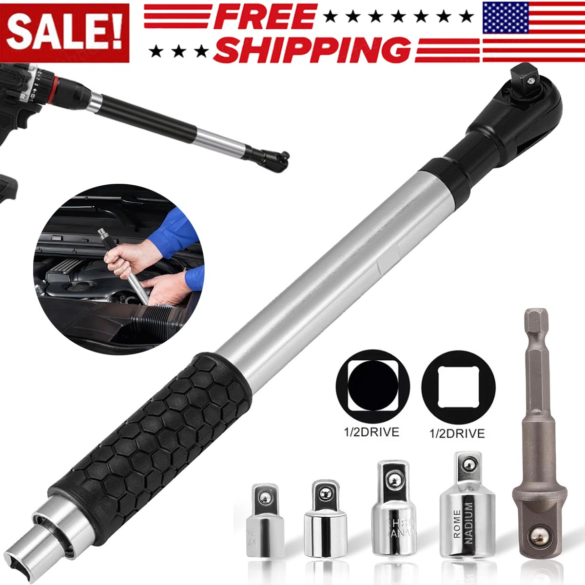 1/2" Offset Extension Wrench Impact Ratchet Extender for Electric Drill Adapter