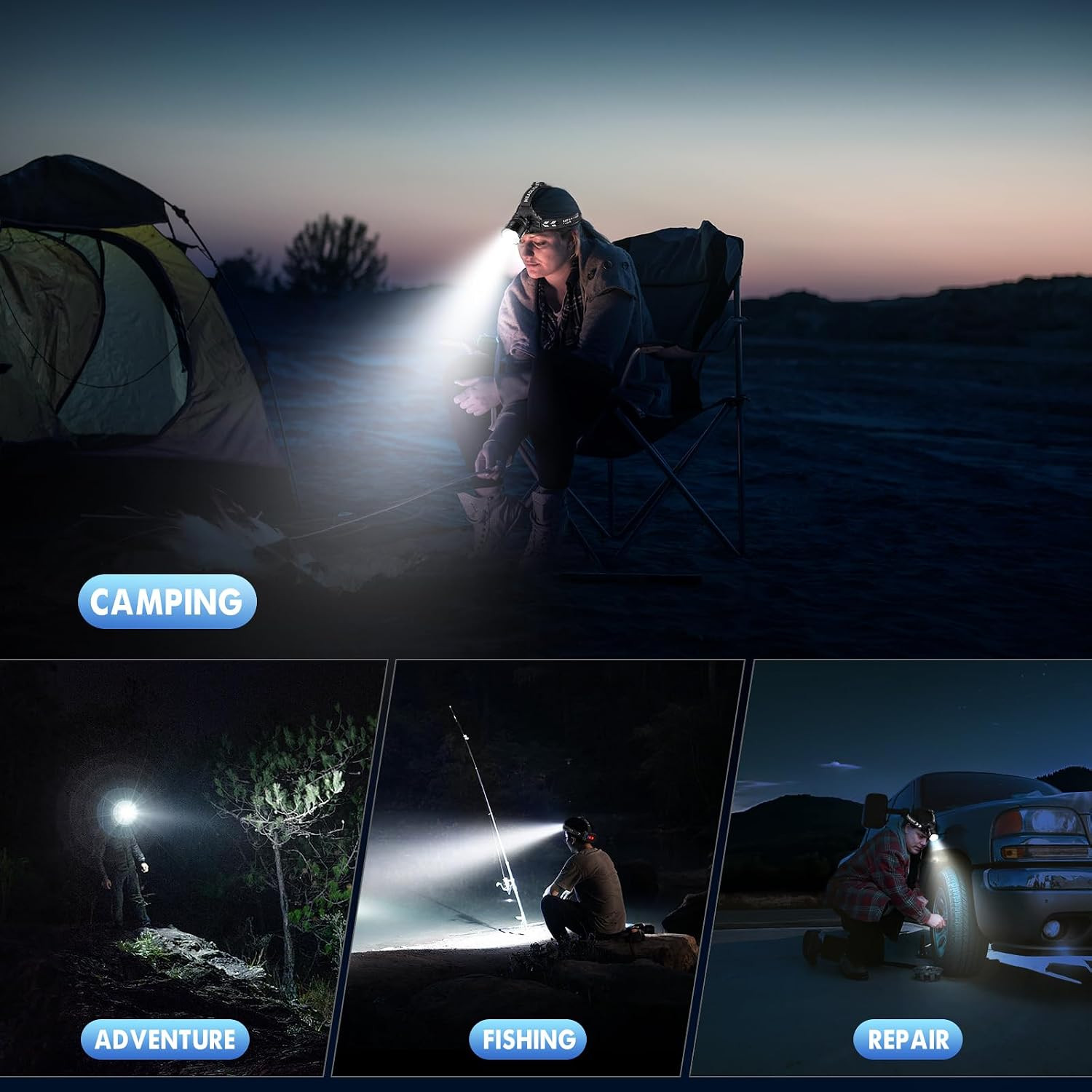 Rechargeable Headlamp Super Bright, High Lumen LED Head Lamp, 5 Modes Zoomable,