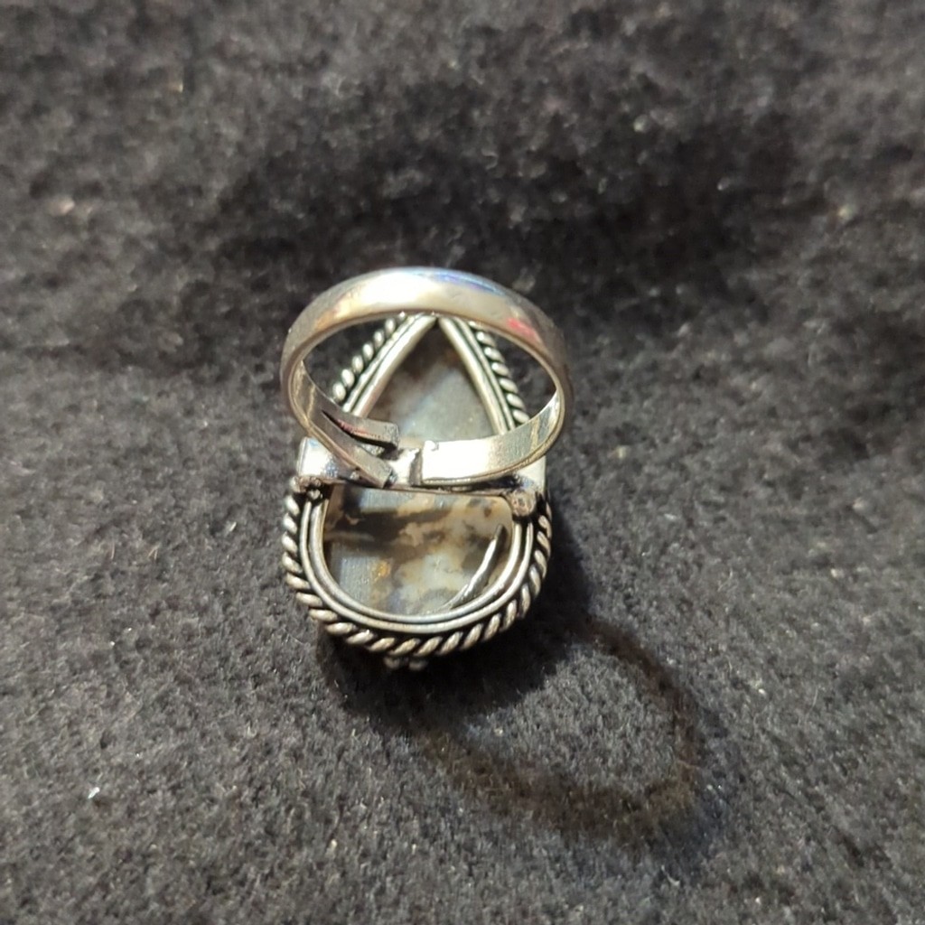 Silver Plated White Black White Buffalo Gemstone Teardrop Statement Ring - 8-10