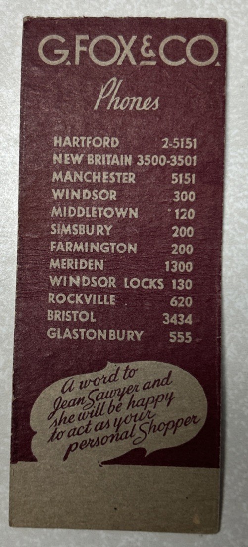 Vintage G. FOX & CO. Matchbook Cover, Hartford, CT.