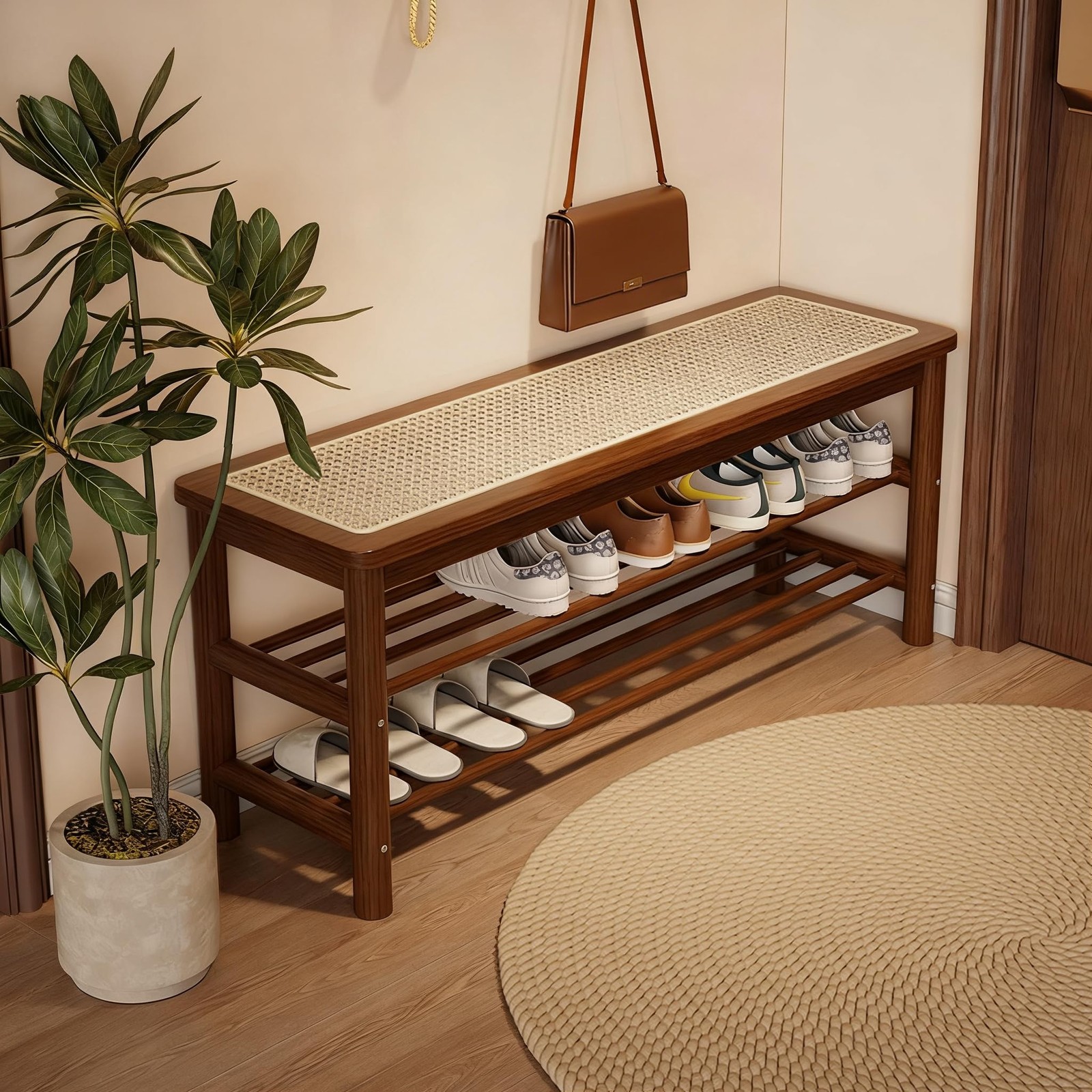 Sobibo Bamboo Shoe Rack Bench Rattan Seat 3-Tier Shoe Storage Bench Entryway
