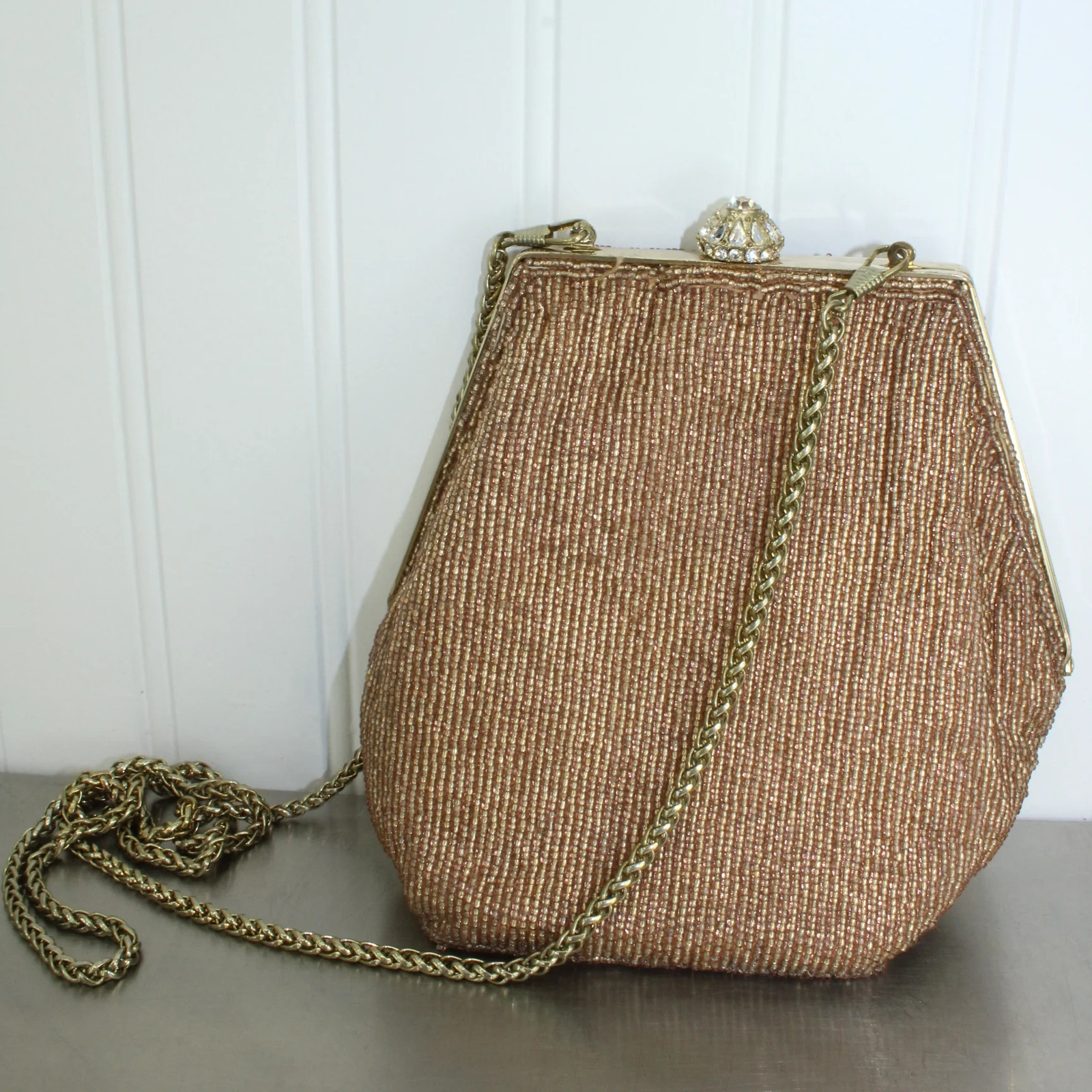Uterque Glitzy Metallic Beaded Bag Large Rhinestone Clasp
