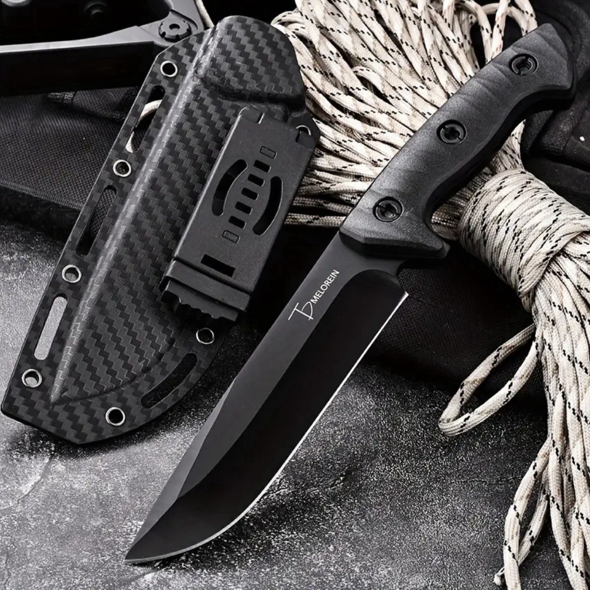 Meloren Fixed Blade Knife - Black Carbon Fiber Sheath - Tactical Survival
