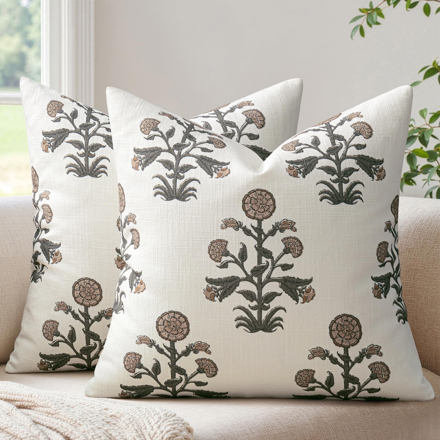 Set of 2 Vintage Pillow Covers Neutral Decorative Floral Throw Pillows Block ...