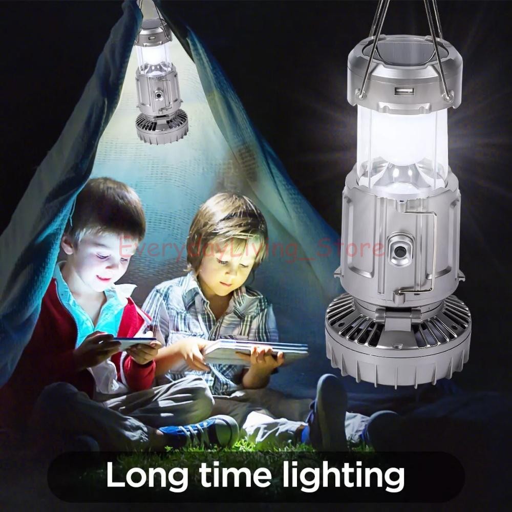 Solar Portable LED Camping Lantern with Fan USB Rechargeable Flashlight Lamp US