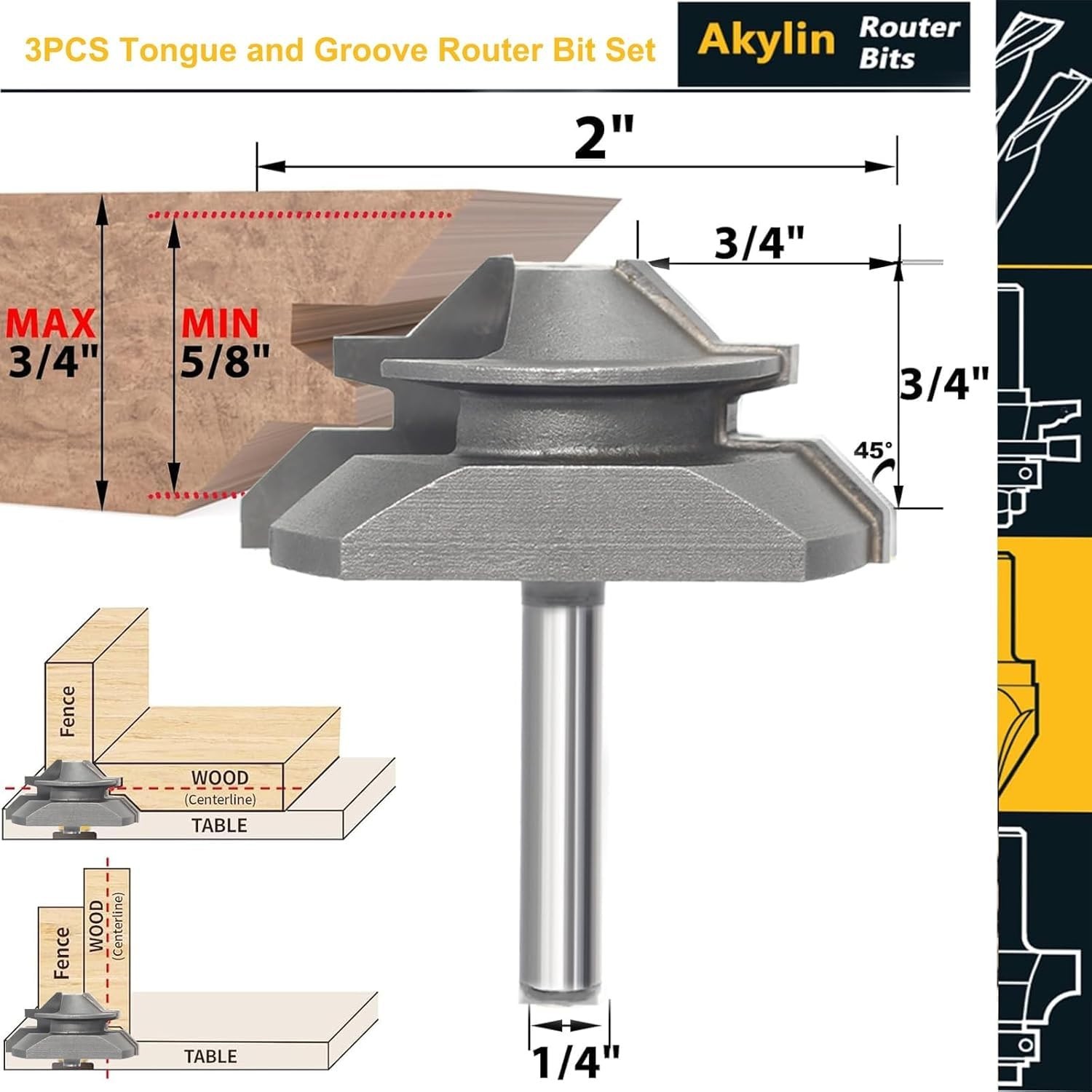 3Pc Tongue and Groove Router Bit Set 1/4 Shank,45 Degree Lock Miter Bit,3 Tee...